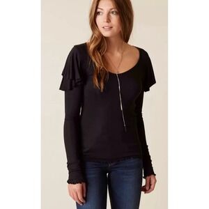We the Free People On Rewind Ruffle Shoulder Black Long Sleeve Top Extra Small